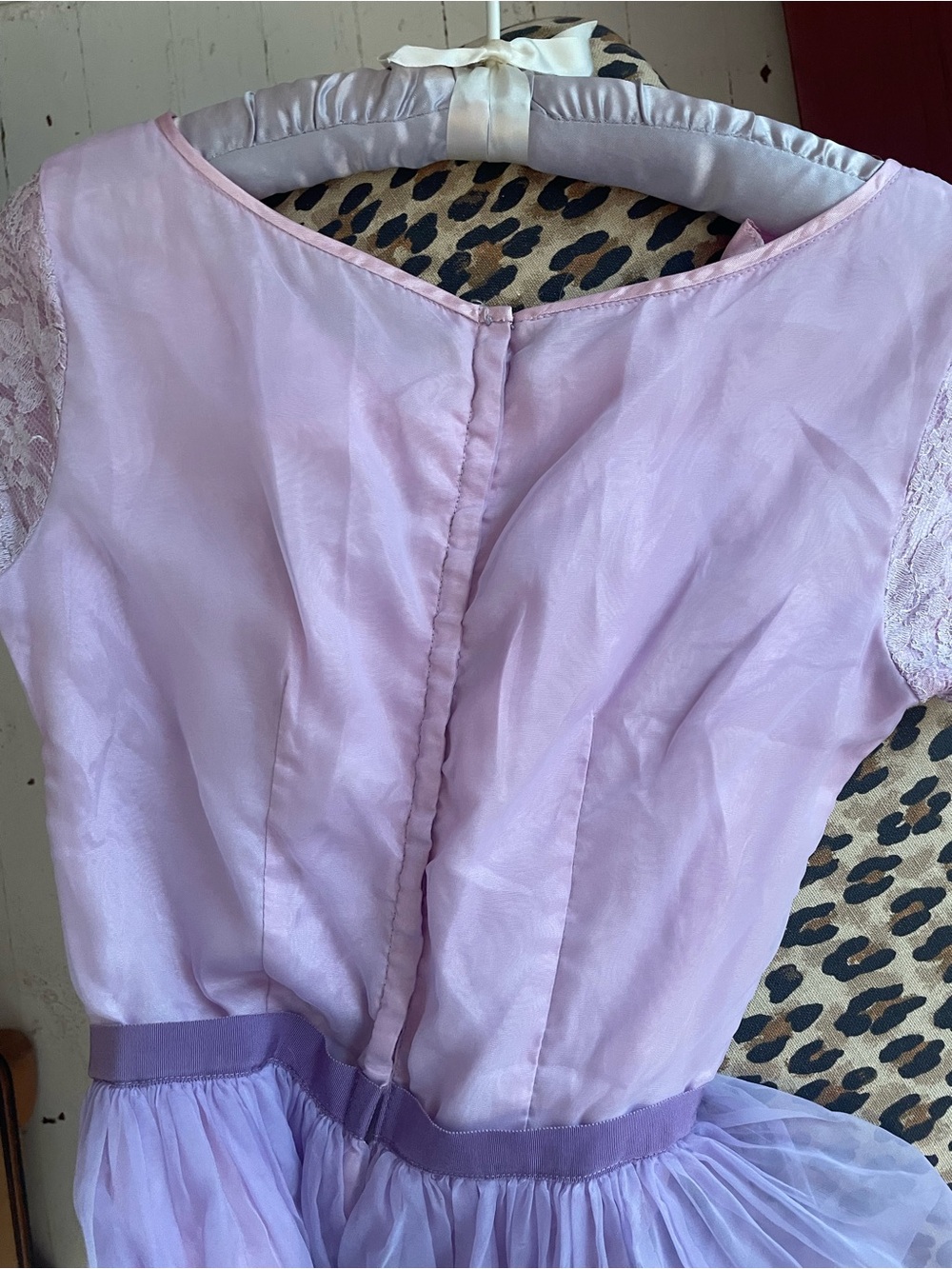 1960s Lavender Lace Cupcake Party Dress with Grosgrain Ribbon Waist Back Zip - Picture 6 of 12